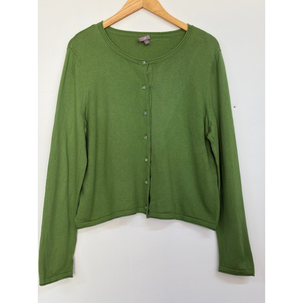 J Jill Womens L Green Button Front Cardigan Sweater Cotton Blend Lightweight